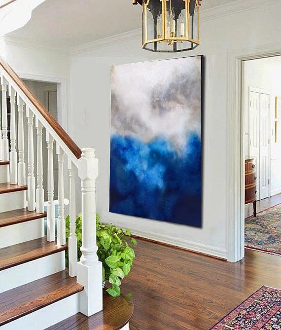 Blue Handmade Painting Bedroom Paintings Abstract Canvas Artwork F8GFO
